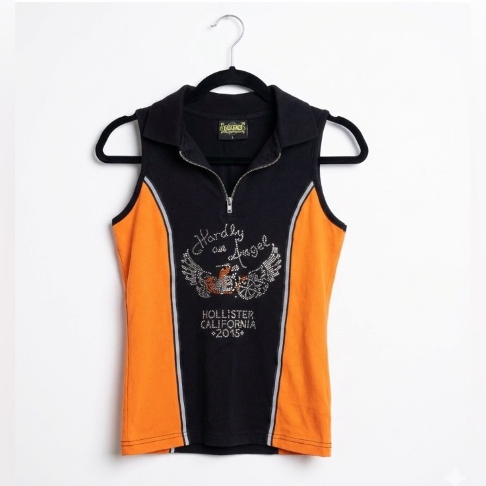 Biker Clothing Co Tank Top Large Black Orange Rhinestone Hollister Rally 2015